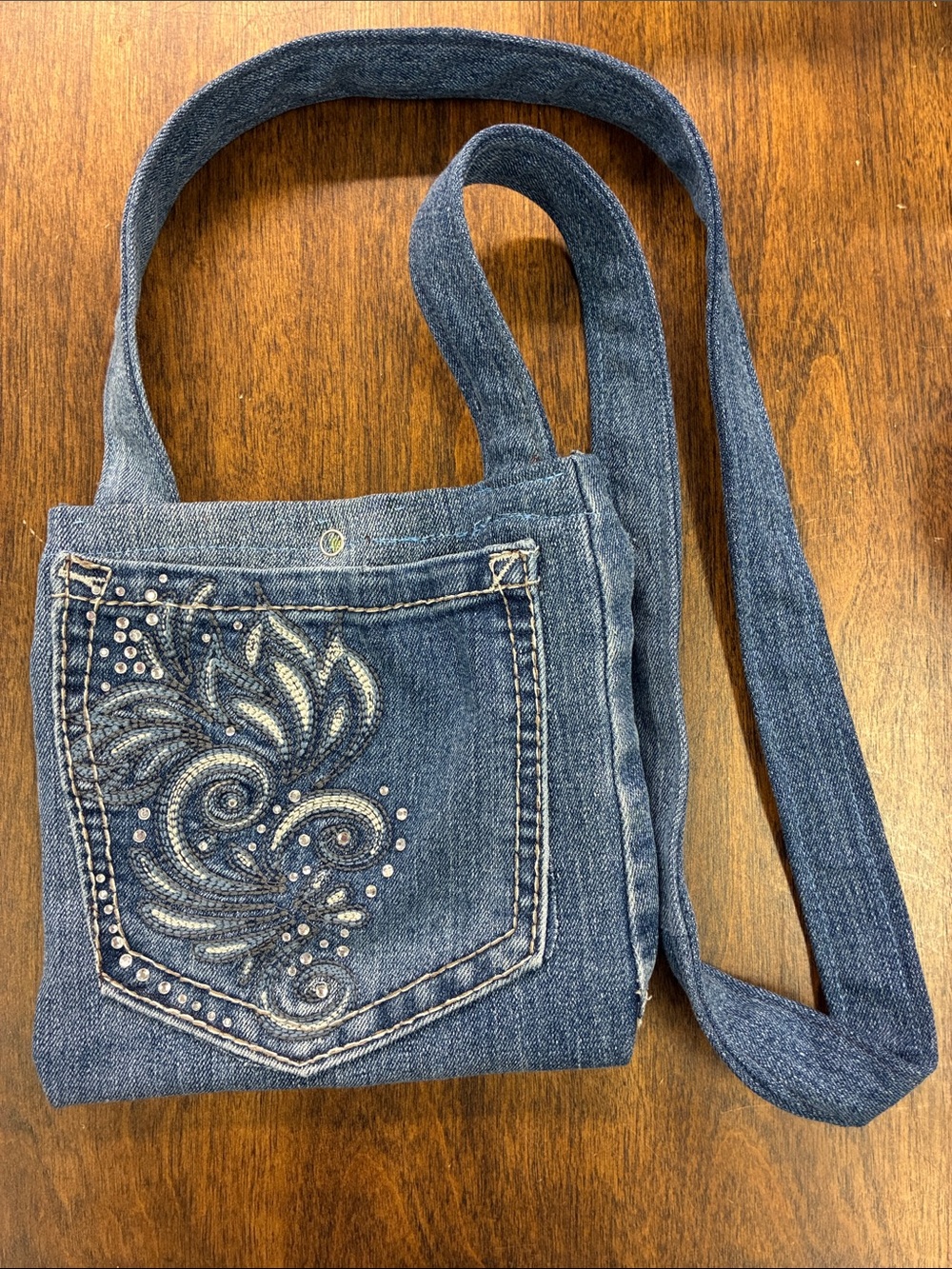 Repurposed Denim Crossbody Bag with Embroidered bling Pocket Detail